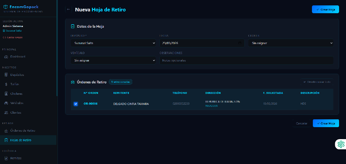 Hoja de ruta - Transportes entre depósitos de encomiendas