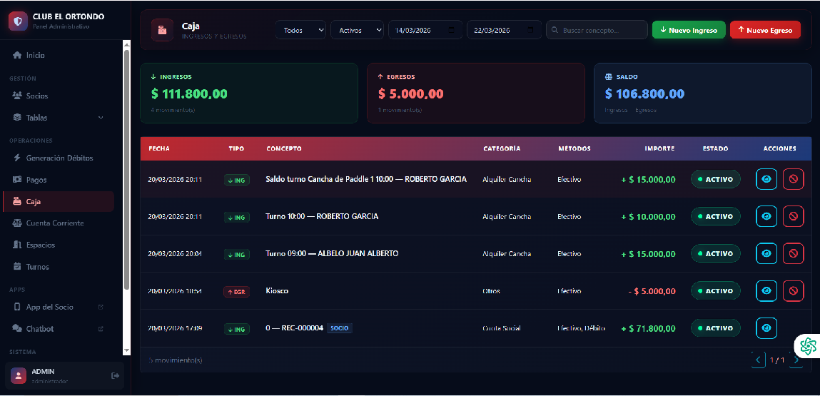 Módulo de caja - control de ingresos y egresos club deportivo argentina
